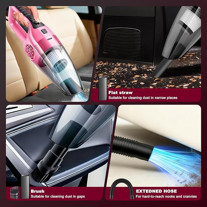 Car Vacuum Cleaner – 9000PA High Power Suction, DC 12V Portable Handheld Auto Vacuum with Attachments, Mini Car Interior Cleaner for Pet Hair, Dust, Crumbs, and Debris (Blush Pink)
