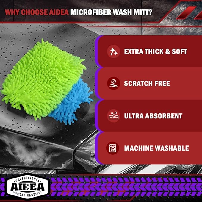 AIDEA Car Wash Mitt Microfiber, 2PK Scratch Free Lint-Free, Premium Chenille Microfiber Mitt Car Wash Brush, Green & Blue, Regular Size 7.12''X10.14''