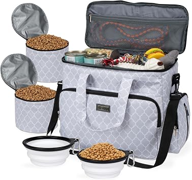 BAGLHER Dog Travel Bag, Pet Travel Bag (ALL Pet Travel Supplies), With 2 Pet Food Containers and 2 Collapsible Silicone 
