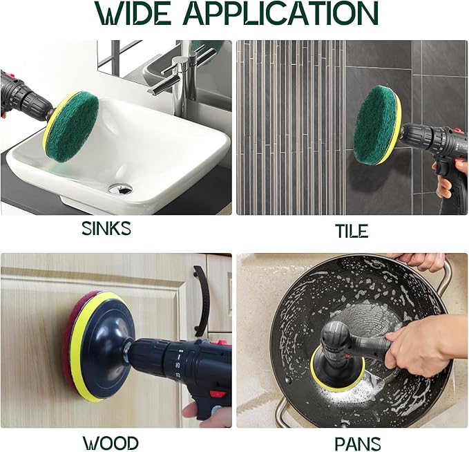 Power Scrub Pads Drill Attachment, GOH DODD 15 Pieces 5 Inch Headlight Restoration Kit Cleaning Kit Scouring Pads with Baker and Universal Shaft for Kitchen, Bathroom, Grout, Carpet, Tub, Grill, Tile