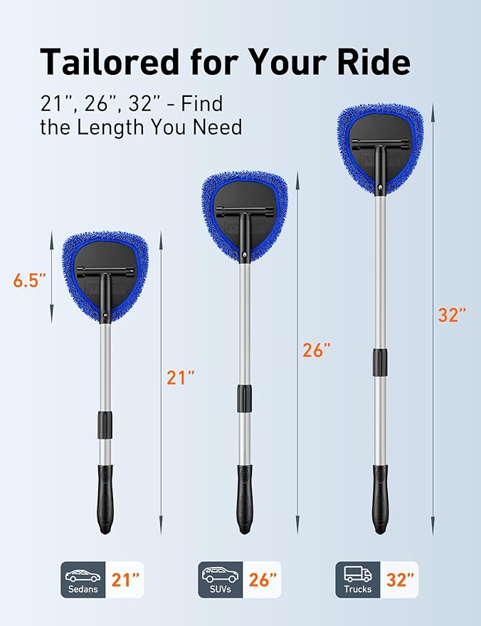 AstroAI 21" Windshield Cleaner Tool, Car Interior Detailing Cleaning Kit with Extendable Handle and 4 Upgraded High-Density Reusable Microfiber Pads, Auto Glass Wiper Brush Kit for Cars, Blue, 2 Pack