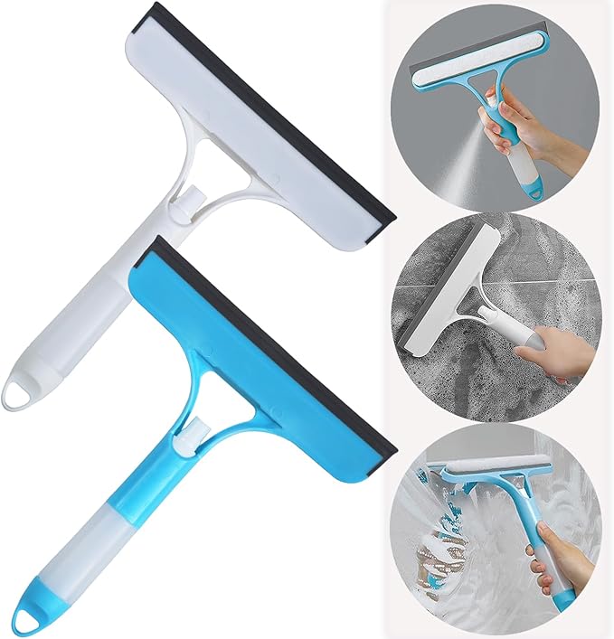 2 Pack All-Purpose Shower Squeegee for Shower Glass Door, Shower Glass Cleaner Squeegee with Spray, Washer, Wiper, 3 Functions in 1, Perfect Household Cleaner Tool