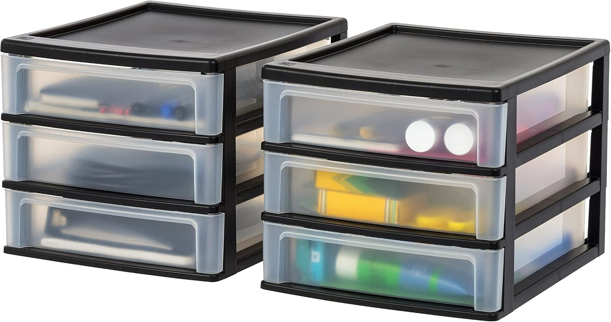 2-Pack, 3-Drawer Medium Plastic Stacking Desktop Organizer, Black
