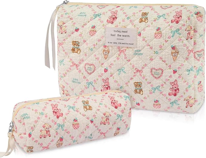 Gosect 2PC Makeup Bag Set, Cute Cosmetic Bag for Women Girls, Floral Coquette Aesthetic Toiletry Bag, Travel Make Up Org