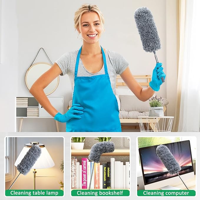 2 Pack Small Microfiber Feather Duster for Cleaning, Hand Washable Dusters with Extendable Pole, Cleaning Tools for Office, Car, Window, Furniture, Ceiling Fan