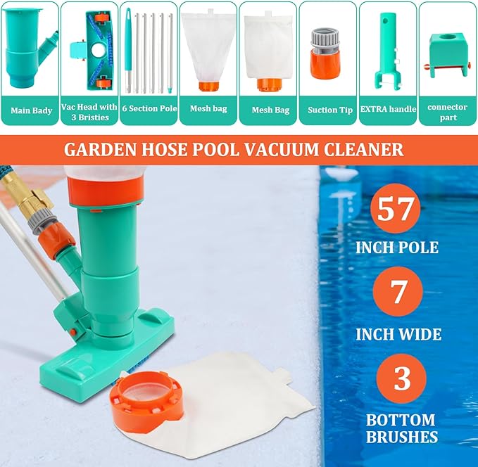 Premium Pool Vacuum Jet Underwater Cleaner, 3 Scrub Brushes, 2 Fine Mesh Bags, 6 Section Telescopic Pole of 56.5" and Handle - for Above Ground Pools,Spas & Ponds
