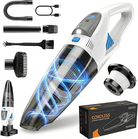 Handheld Vacuum Cordless, 25000Pa Powerful Suction Car Vacuum Portable Cordless with 8000mAh Battery & LED Light, Hand Held Vacuum Rechargeable with HEPA Filters, Home, Car Seats, Pet Hair White