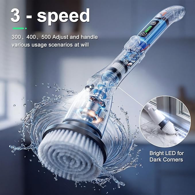 Electric Spin Scrubber, Power Cleaning Brush with 3 Speed Modes LED Light, 7 Replaceable Heads Cordless Shower Scrubber, Long Handle Extendable Scrubber for Bathroom, Floor, Tub, Tile, Grout
