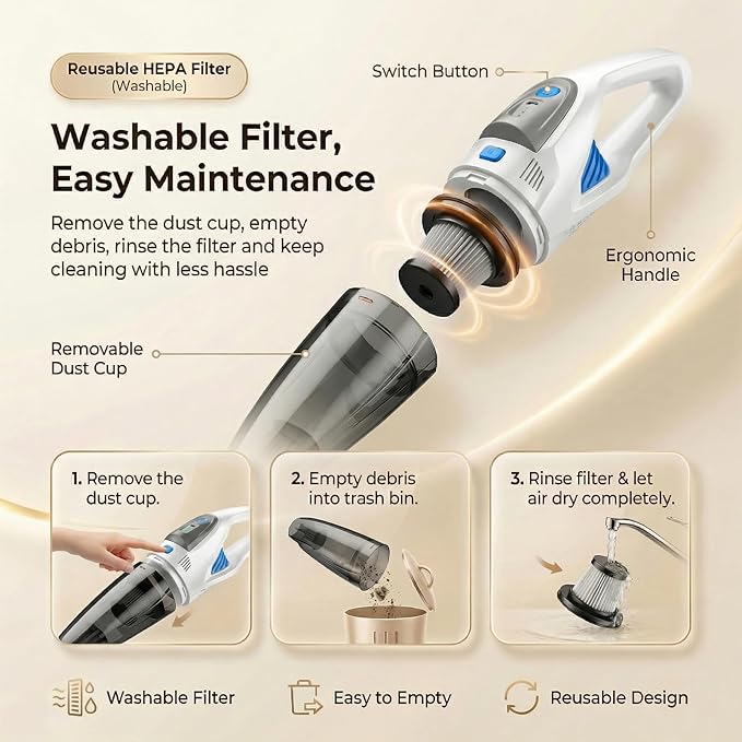 Handheld Vacuum Cordless, 25000Pa Powerful Suction Car Vacuum Portable Cordless with 8000mAh Battery & LED Light, Hand Held Vacuum Rechargeable with HEPA Filters, Home, Car Seats, Pet Hair White