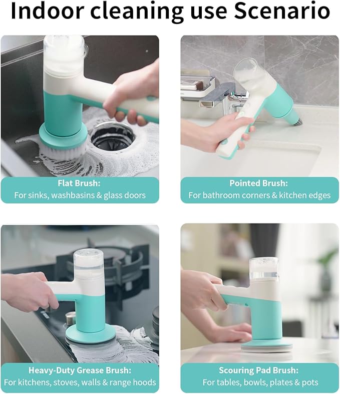 Dual-Rotation Electric Scrubber - IPX5 Waterproof Multi-Surface Cleaning Brush for Bathroom, Kitchen, Tile, Glass & More - Includes 4 Brush Heads (Nylon/Sponge/Crevice/Flat)