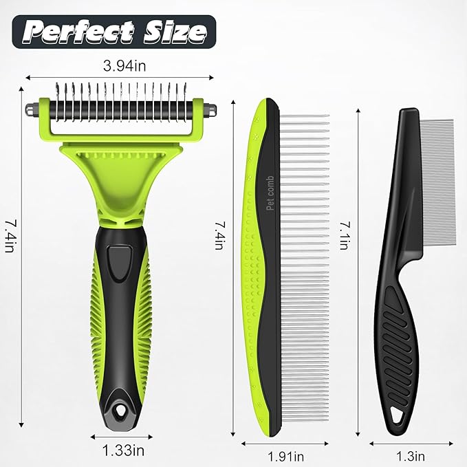 3PCS Pet Grooming Rake & Metal Comb & Flea Comb for Cats and Dogs, Double-Sided Dematting Tool, Extra-Wide Deshedding Dog Brush for Long Hair to Effectively Remove Tangles, Knots and Mats (Green)