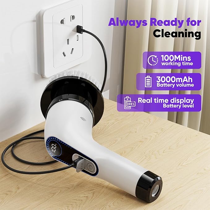 Electric Spin Scrubber Cordless – Powerful Bathroom Cleaning Brush with Long Handle, 2 Speeds, 3000mAh Rechargeable, 7 Brush Heads, Wall Hanger & Crevice Tools – Shower, Tub & Tile Cleaner