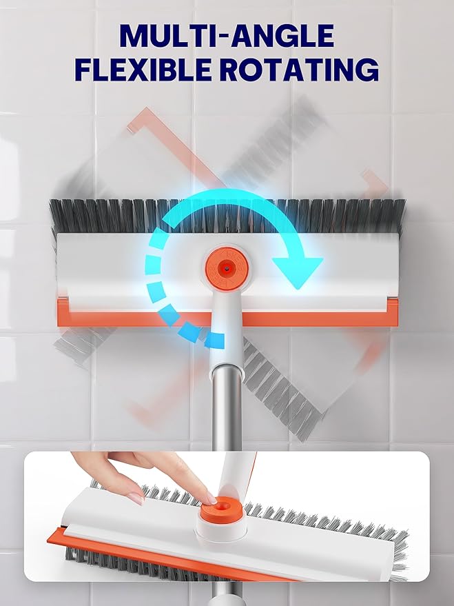 Floor Scrub Brush with Long Handle, 3 in 1 Scrape and Heavy-Duty Stiff Bristle Floor Scrubber Brush with Squeegee and Tweezer for Cleaning Tile Wall Deck (Orange and White)