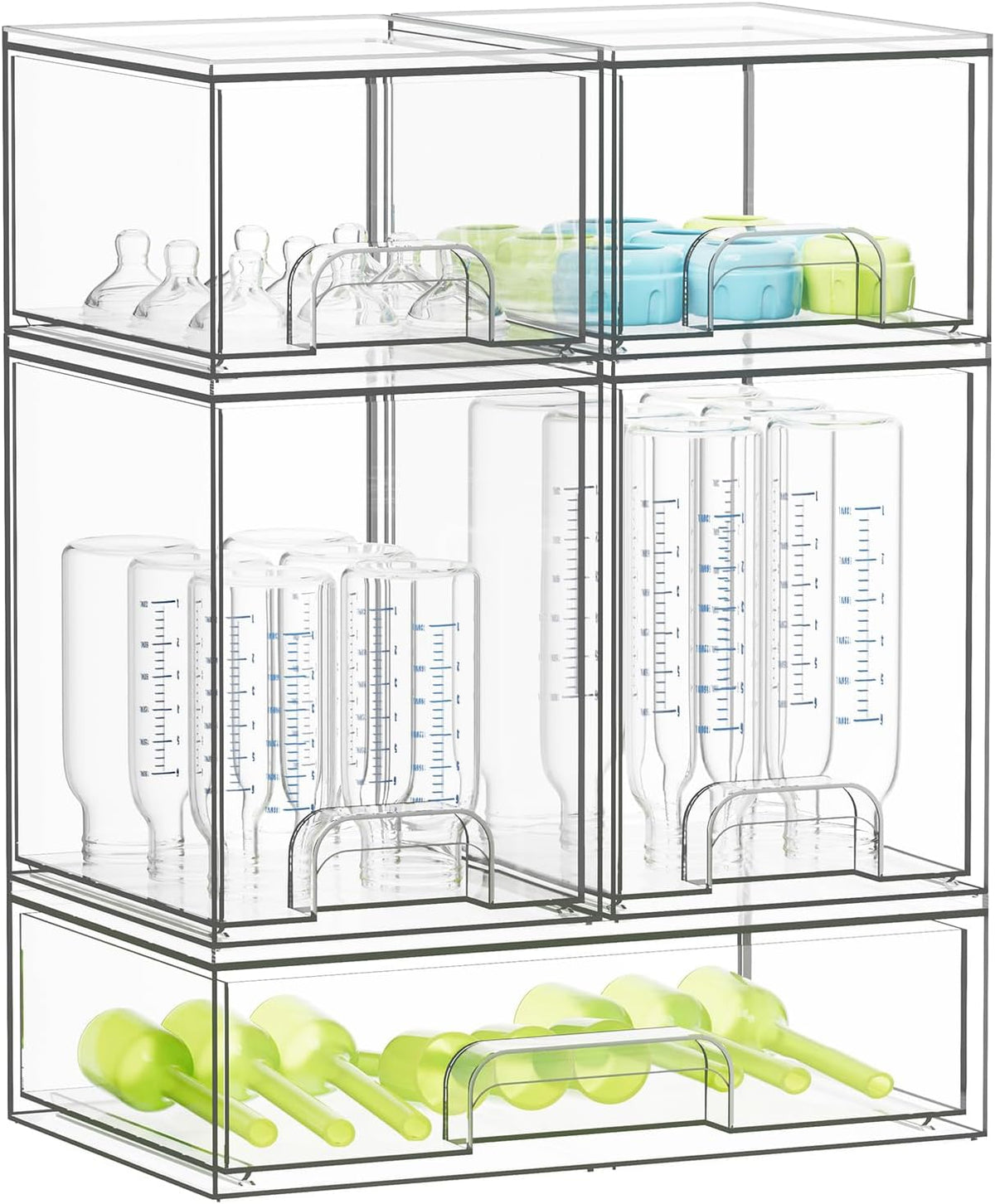 Bottle Storage Organizer Baby - Acrylic Bottles Station Organizer Container, Stackable Clear Drawers for Countertop, Vanity, Bathroom, Cabinet, Pantry Organization, 5 Pack, 2S2M1L, 15.4"H