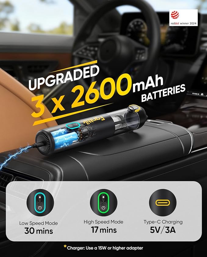Fanttik V8 Mate Upgraded Cordless Car Vacuum, Portable Mini Vacuum with 13000pa Suction Power, 2 Suction Modes, Type-C Charge, Handheld Vacuum for Car, Small Tasks, Keyboards, Office Desk (Black)