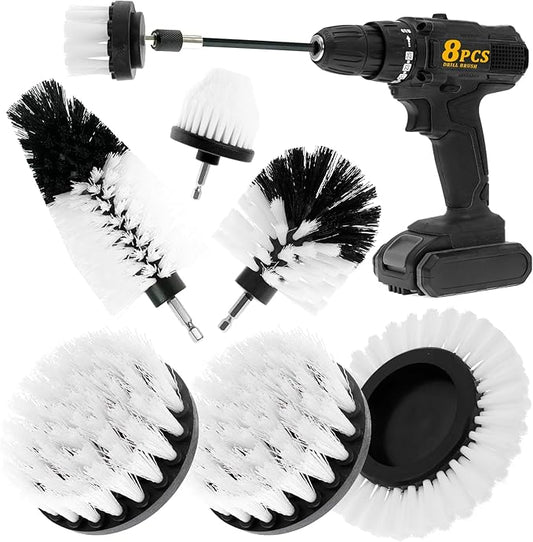 8 Pcs Drill Brush Attachment Set, Power Cleaning Scrub Brush Kit with Extend Long Attachment, All Purpose Drill Scrub Brushes for Car, Grout, Floor, Tub, Bathroom and Kitchen (White)