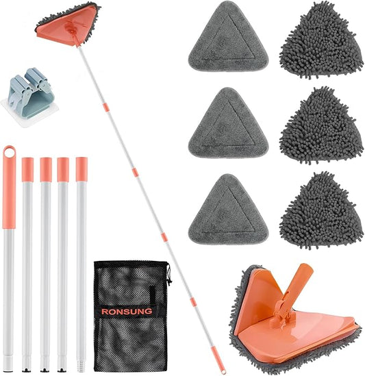 Wall Cleaner Triangle Mop with 82'' Long Handle - Wall Scrubber, Cleaning Washer Tool with 4 Microfiber Chenille Duster Pads for Clean Walls, Ceiling, Windows, Baseboards, Floors (Orange, 6 Pads)