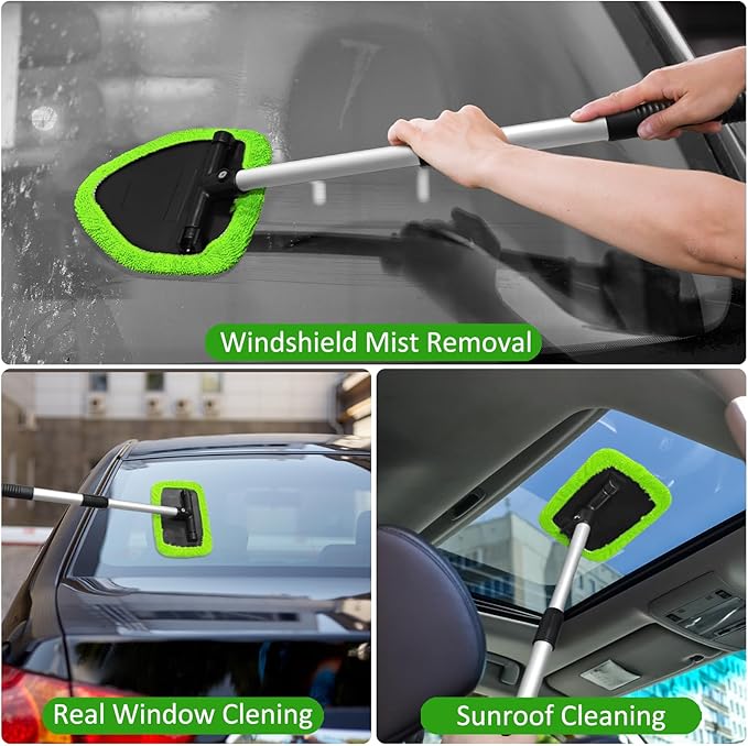 Beieverluck 20 Pieces Windshield Cleaner Tool, Inside Car Windshield Cleaning Tool with 12 Microfiber Pads, 4 Spray Bottle, and Extendable Handles Car Window Cleaning Tool Kit, Green
