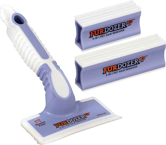 FurDozer Pet Hair Remover & Auto Detailing Tools - Cat & Dog Hair Remover for Carpets, Car Interiors, Couches, Bedding, & Pet Furniture (Purple, (3 Pack) - X6, X3 PRO, X3 MINI)