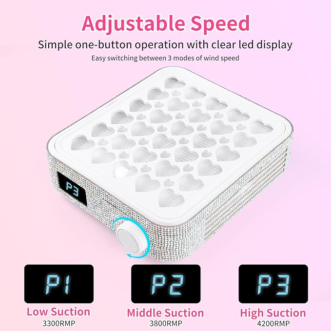 BQAN Nail Dust Collector Portable for Home & Salon - 4200RPM Vacuum with Reusable Filter, for Acrylic Drilling Dust Beginner Friendly Small Manicure Tool (White AB Rhinestones)
