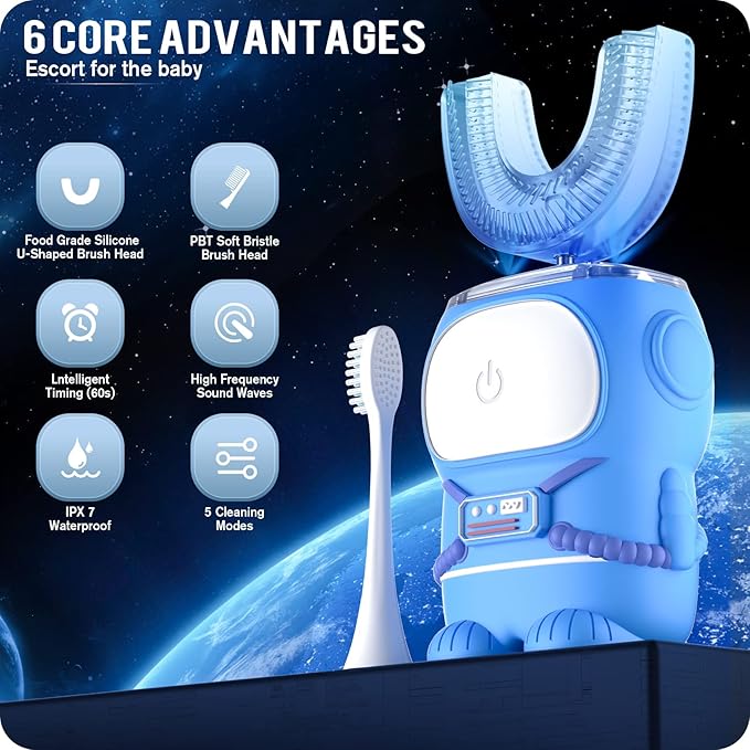 RexCodar Ultrasonic Kid's U-Shaped Electric Toothbrush, IPX7 Waterproof, Five Cleaning Modes, Cartoon Astronaut, 60S Smart Reminder (2-6 Age (Blue))