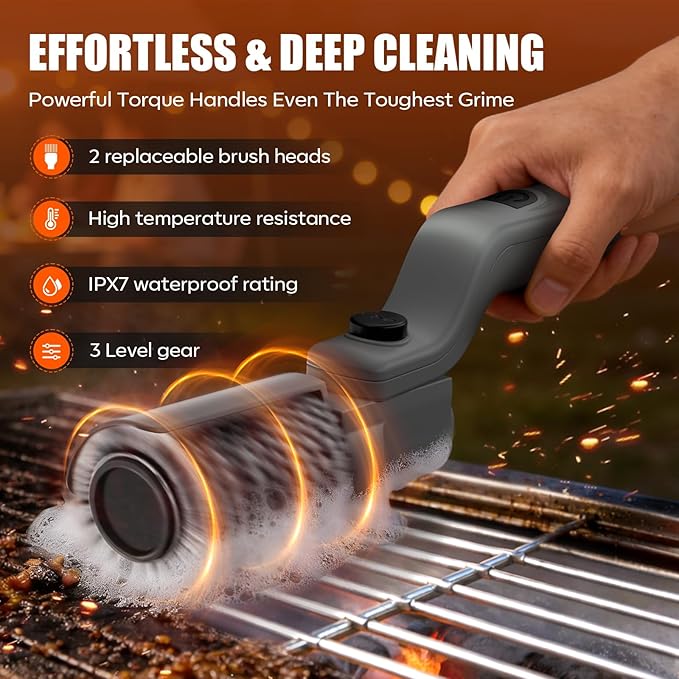 YEYES Electric Grill Brush for Outdoor Grill - Cordless Rechargeable BBQ Cleaner with 7-Angle Adjustable Head, 2600mAh Power Rotary Grill Cleaning Brush for Gas Charcoal Grates (Gray)