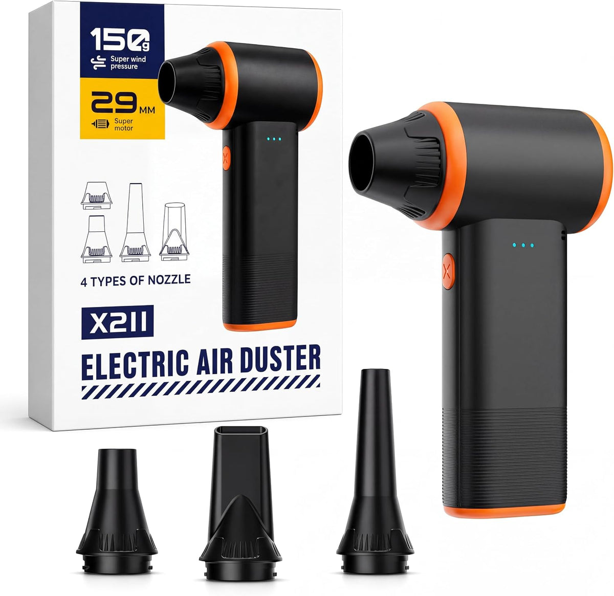 X211 Compressed Air Duster, Rechargeable Compressed Air Blower, Electric,110,000 RPM Brushless Motor with 3 Speeds & 4 Nozzles for Keyboard, PC, Car and Inflation Tasks