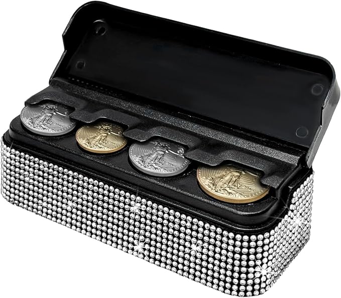 DXNQ Bling Coin Holder for Car, Sparkling Rhinestone Vehicle Coin Oraganizer with 4 Compartments, Portable Crystal Car S