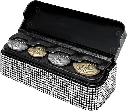 DXNQ Bling Coin Holder for Car, Sparkling Rhinestone Vehicle Coin Oraganizer with 4 Compartments, Portable Crystal Car S