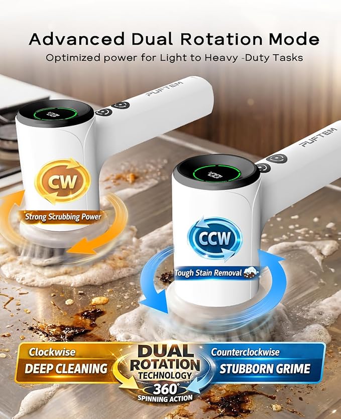 PUFTEM Electric Spin Scrubber for Bathroom Cleaning, Cordless Shower Scrubber with 6 Brush Heads, Dual-Direction Rotation, Handheld Cleaning Brush for Grout, Tile, Tub, Sink & Corners, White
