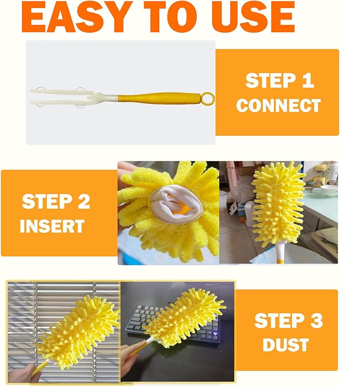 Reusable Duster for Swiffer, 360 Heavy Duty Duster Refill Compatible with Swiffer Hand Dusters for Dusting Furniture, Blinds, Ceiling Fans, Walls and More, 4 Refills +1 Handle, Yellow