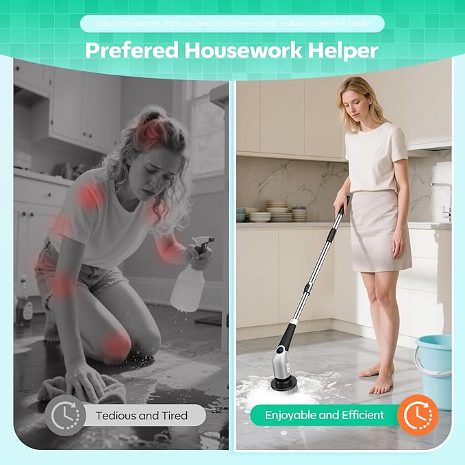 YKYI Cordless Electric Spin Scrubber, Power Cleaning Brush with 8 Replaceable Heads & Extension Handle for Bathroom, Tub, Tile, Floor, Car