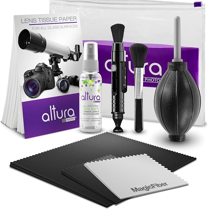 Altura Photo Camera Cleaning Kit - All Natural Lens Cleaner, Brush, Pen, Blower, Microfiber Cleaning Cloths, Tissue Wipes for Canon Nikon Sony Fuji Olympus Pentax Sigma Tamron DSLR Mirrorless Cameras