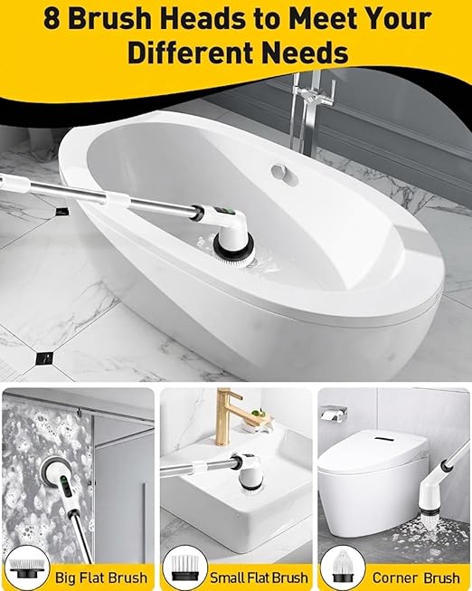 Shower Scrubber with Long Handle, Shower Cleaner Brush with 8 Brush Heads, Cordless Electric Spin Scrubber for Cleaning with 2 Speed, Cleaning Supplies for Bathroom Bathtub Kitchen Floor Tile Toilet