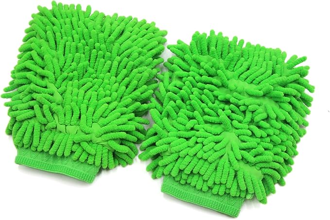uxcell 2pcs Green Microfiber Chenille Washing Cleaning Glove Mitten for Car Body Home