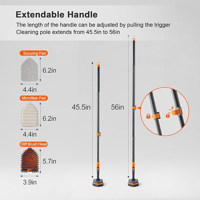 CLEANHOME Tile Tub Scrubber Brush with 3 Different Function Cleaning Heads and 56" Extendable Long Handle-No Scratch Shower Scrubber for Cleaning Bathroom Kitchen Toilet Wall,Bathtub,Sink,Grey
