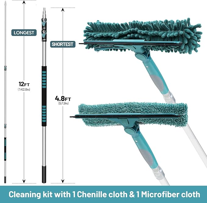 TelesPro 20 Feet High Reach Window Squeegee with 5-12Ft Extension Pole, Window Cleaner Tool with 3-Stage Telescoping Pole, Window Cleaning Kit with Rotatable Head (2 Squeegee & 2 Microfibre Cloths)