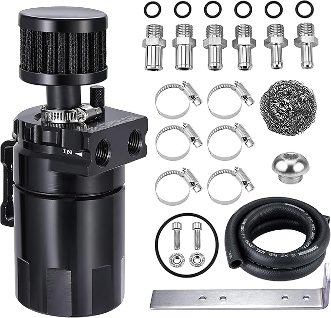 EVIL ENERGY Oil Catch Can, 300ML Baffled Oil Can with Breather Filter, Universal Aluminum Air Oil Separator Breather Tank with 3/8" ID 5FT NBR Fuel Hose Kit