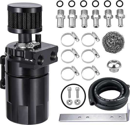 EVIL ENERGY Oil Catch Can, 300ML Baffled Oil Can with Breather Filter, Universal Aluminum Air Oil Separator Breather Tank with 3/8" ID 5FT NBR Fuel Hose Kit