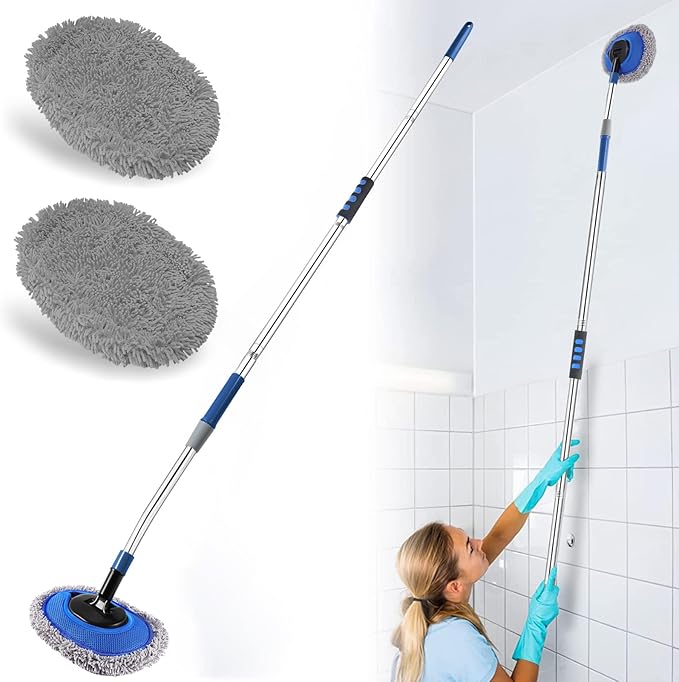 Wall Cleaner, Max 66'' Wall Mop with Long Handle, Ceiling Dust Mop with 15° Labor-Saving Elbow Extension Pole, Baseboard Duster Washer Scrubber, High Reach Window Cleaning Brush, Roof Cleaning Tool-GY