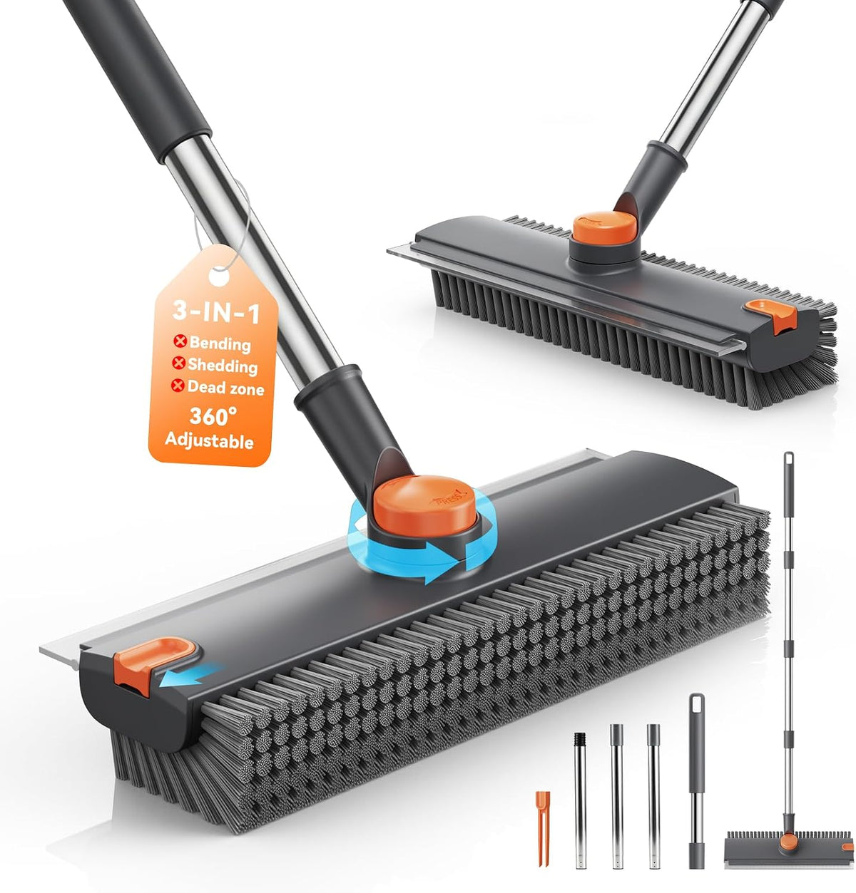 3 in 1 Floor Scrub Brush with Long Handle & Squeegee Tweezer: Up to 54"