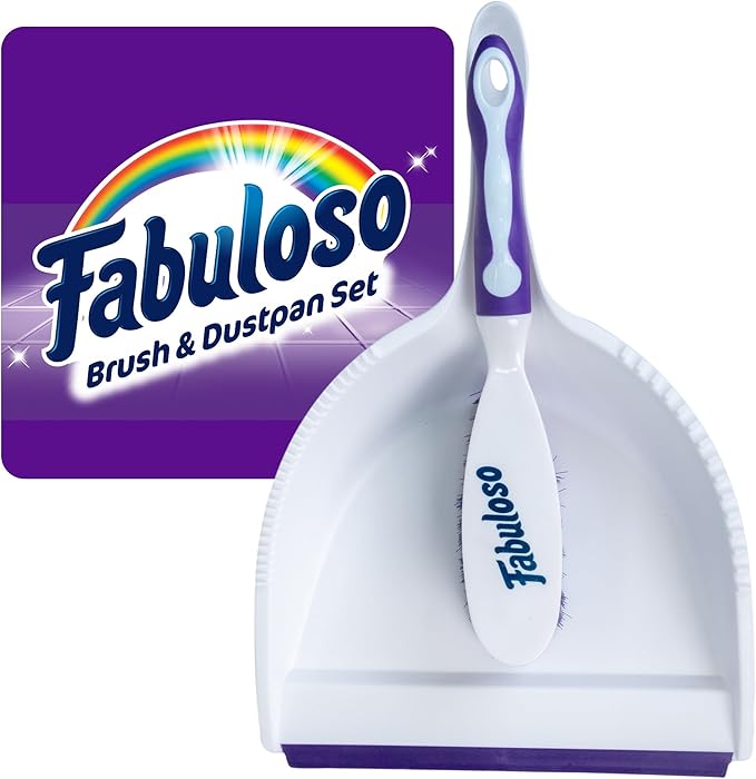 Fabuloso Brush and Dustpan Set, Compact Hand Broom Floor Sweeper with Snap-Together Storage and Hanging Hole, Quick Sweeping for Kitchen, Bathroom, Office and Car, White & Purple