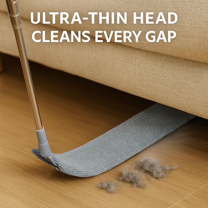 Flat Gap Dust Cleaner with Extendable Pole, Bafezoze Retractable Under Appliance Duster with 2 Washable Microfiber Pads, Slim Flexible Gap Mop for Cleaning Under Bed Sofa Cabinet Refrigerator Gray