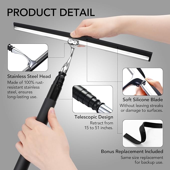 Shower Squeegee for Glass Doors, Shower Squeegee with Long Handle, Extendable Window Cleaner Tool for Car Windows, Tile Walls, Sliding Door