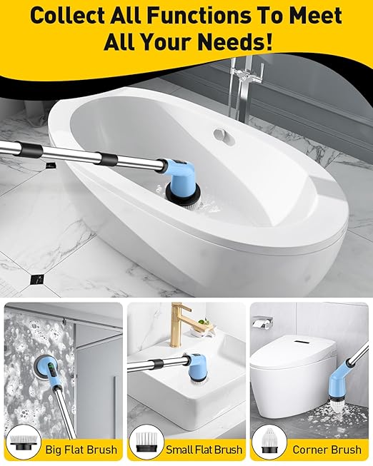 Electric Spin Scrubber for Cleaning Bathroom, Shower Scrubber Cordless Cleaning Brush with IPX7 Waterproof & 2 Speed, 3 Brush Heads, Bathroom Cleaning Supplies for Shower Tub Kitchen Tile Toilet Sky