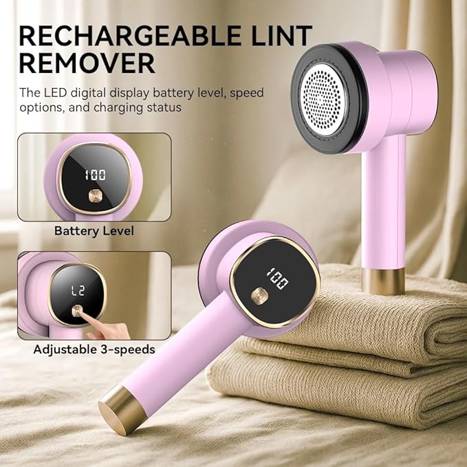 Rechargeable Fabric Shaver for Clothes: 6-Leaf Blades & 3 Speeds to Remove Pilling, Fuzz & Lint Balls - with LED Display, Portable Electric Lint Remover for Sweater, Couch, Blanket, Furniture