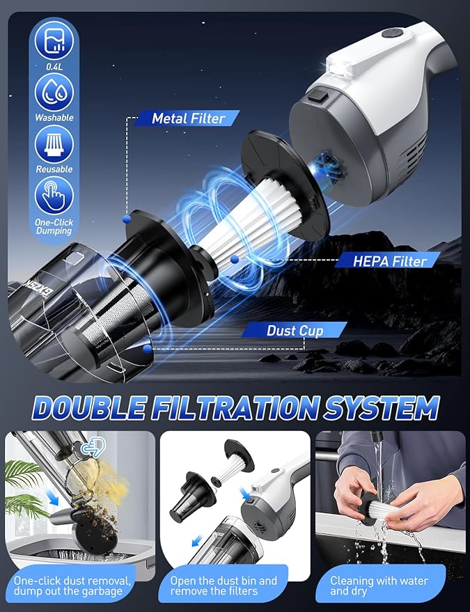 Handheld Vacuum Cordless, 15000PA Powerful Suction Hand Held Vacuum Cleaner, Car Vacuum Portable Cordless with Large-Capacity Dust Bin & LED Light, High Power Hand Vacuum for Home, Car, Office, Pet