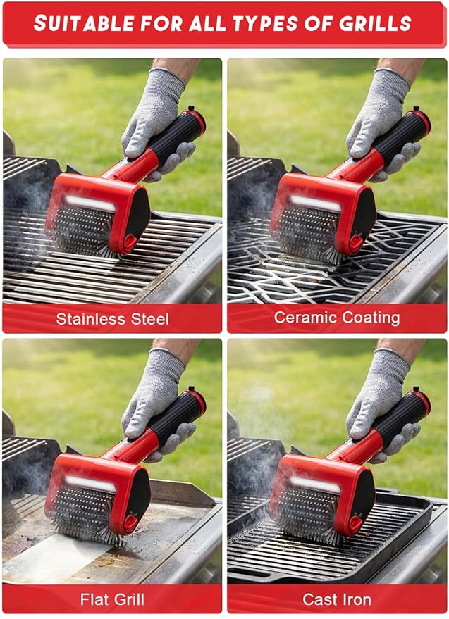 800 RPM Electric Grill Brush for Outdoor, 2-Speed High Power BBQ Cleaning Tool, 4000mAh Cordless Scrubber with LED Light, Non-Shedding Brush & 2 Scouring Pads for Gas/Charcoal/Weber Grates