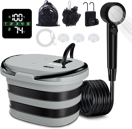 Portable Integrated Camping Shower Kit with 20L Foldable Bucket,13000mAh