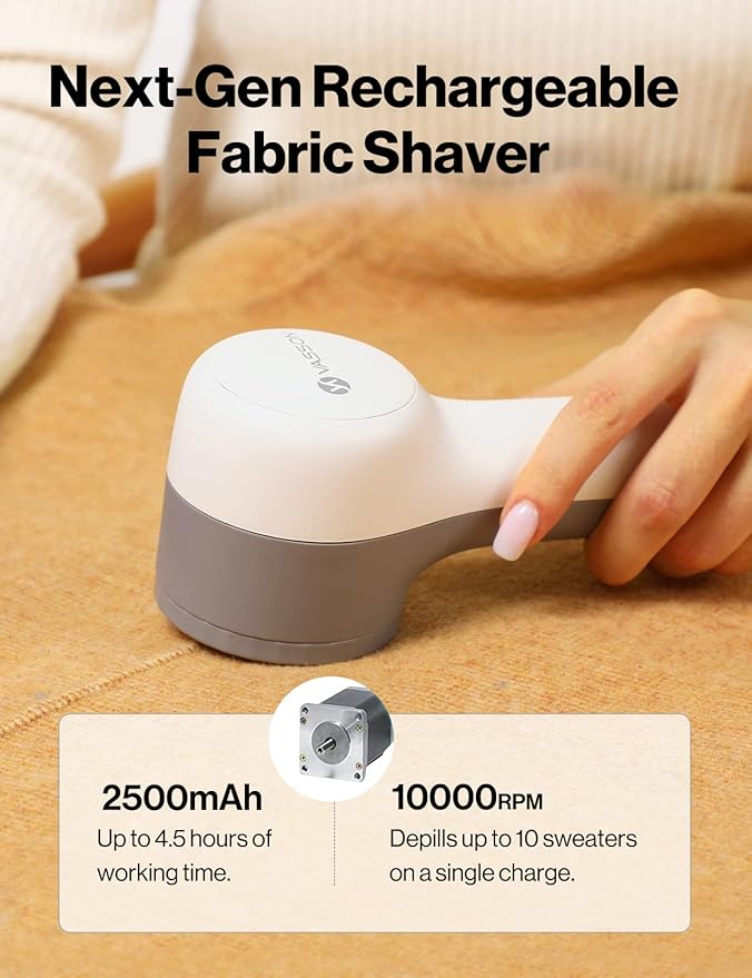 VASSON Fabric Shaver, Sweater Shavers to Remove Pilling, High-Perf Defuzzer, Rechargeable Electric Lint Shaver for Fuzz and Lint Balls from Clothing, Upholstery (Greyish White)